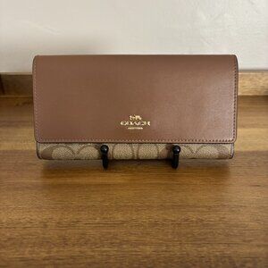 Coach Brown Leather Brown Signature Coated Canvas Slim Trifold Wallet